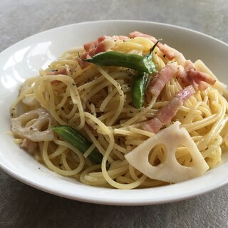 れんこんといんげんとベーコンのパスタ♪